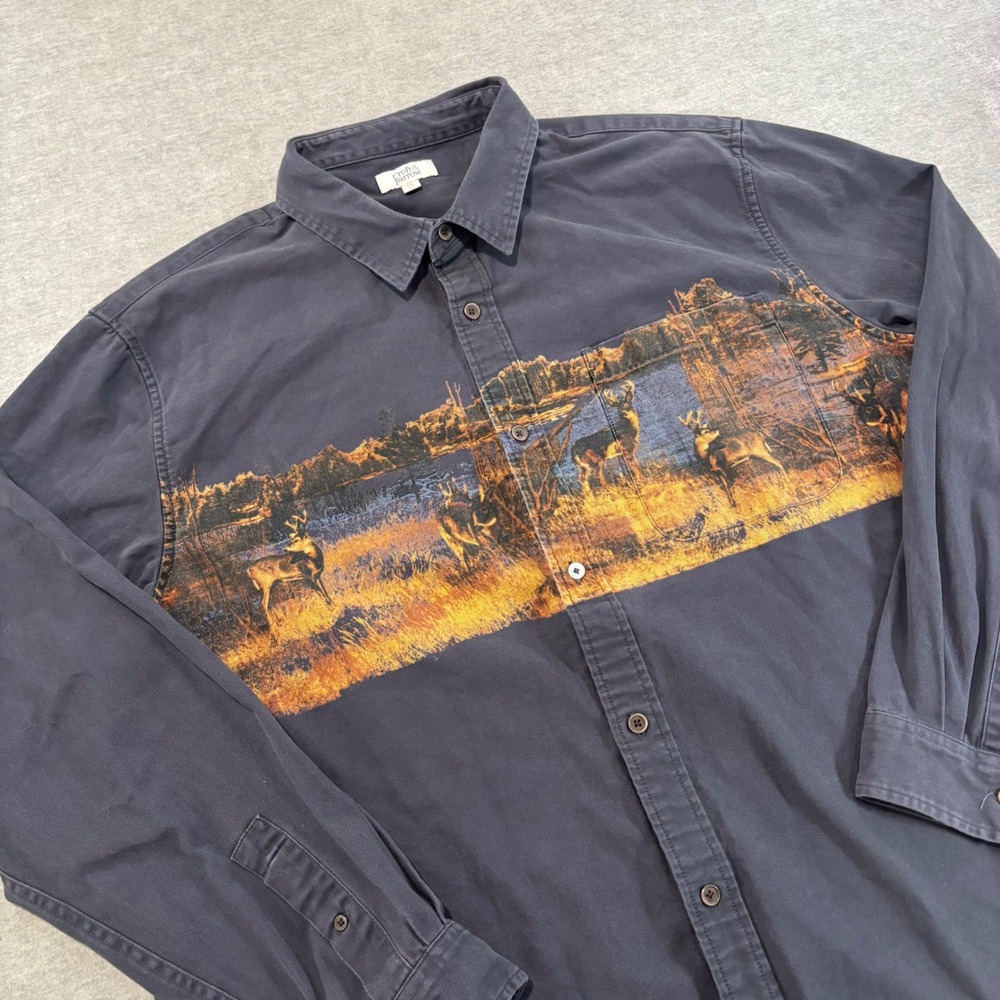Croft & Barrow Mens XXL Gray Cotton Button Down Shirt Deer Nature Graphic Print